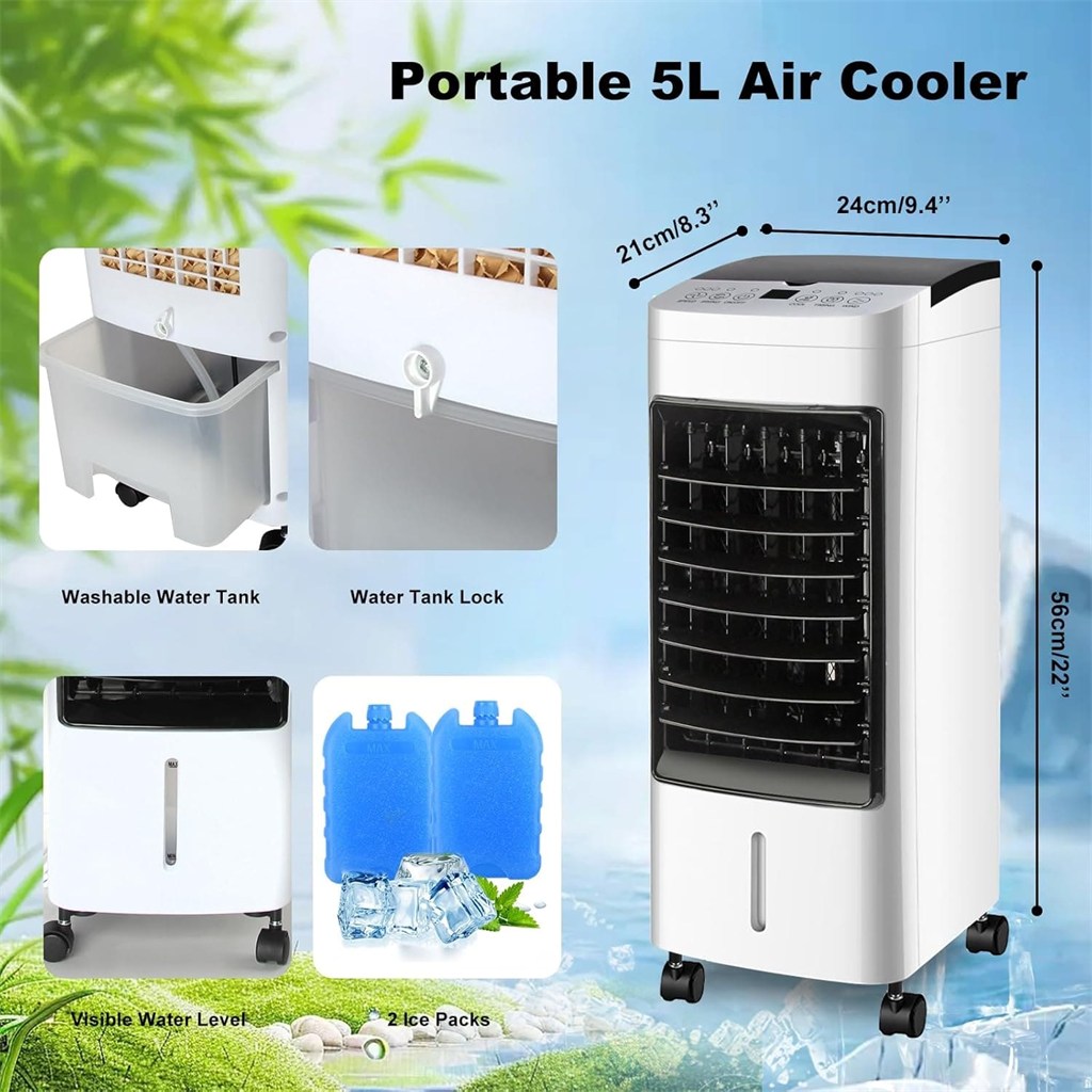 Climatizador portátil con sus medidas, depósito de agua y acumuladores de frío