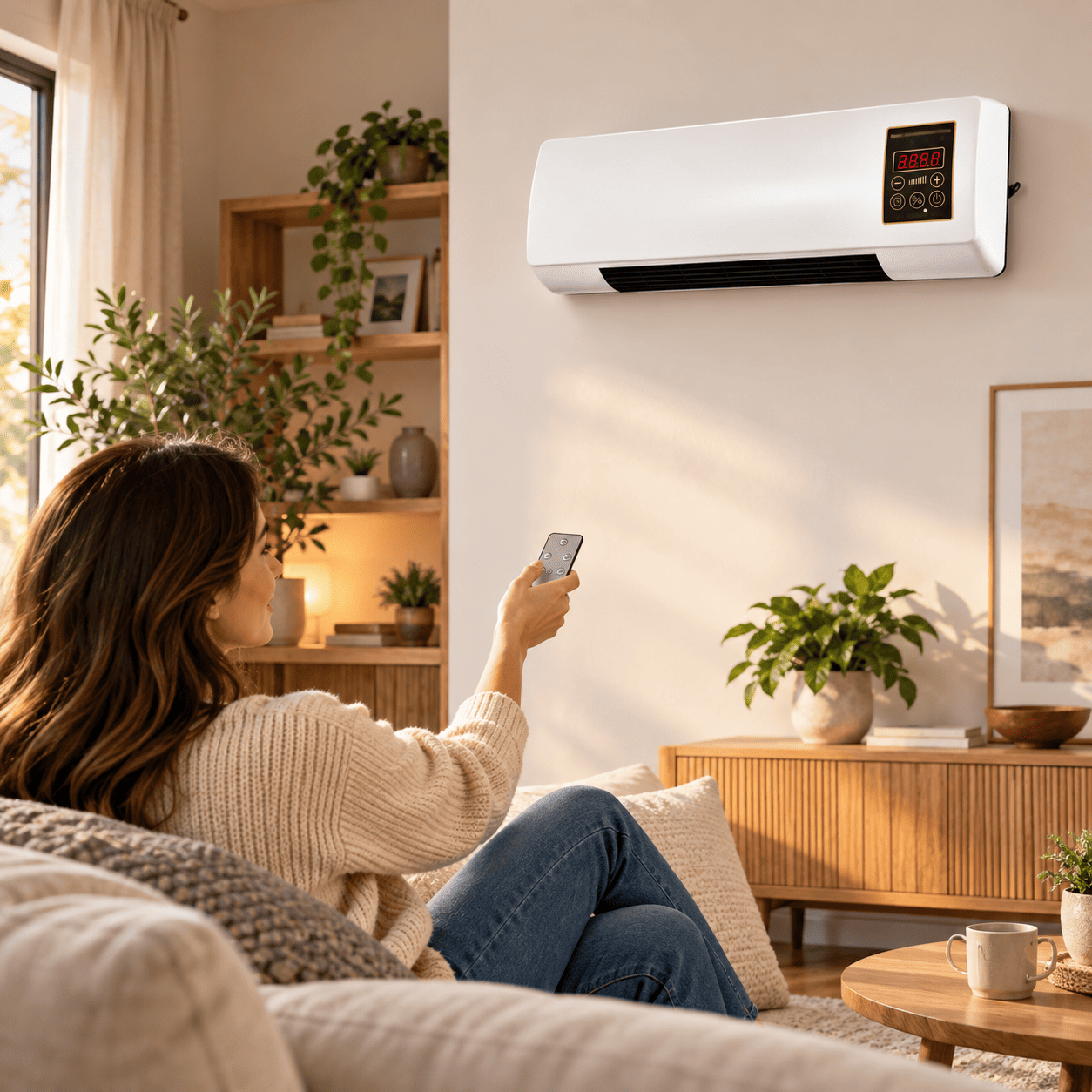 Nástenný teplovzdušný ventilátor na stene obývačky, ovládaný diaľkovým ovládačom